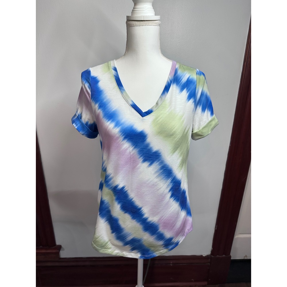 Chicos Zenergy Tie Dye V-Neck T-Shirt  Cuffed Sleeve Sz 0 Small